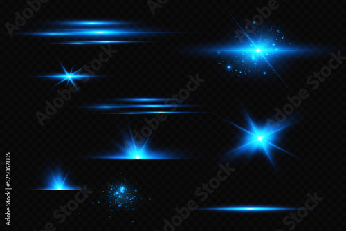 Bright particles, burning blue lights, stars, lasers. Vector.