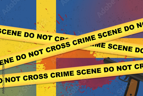 Sweden armed attack vector banner, shooting news concept, armed assault with gun and blood stain on flag