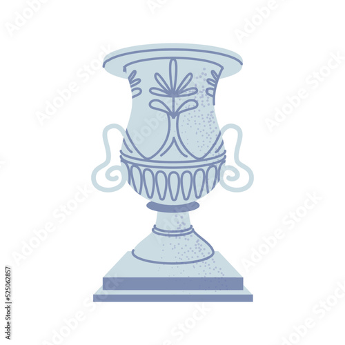 Silver amphora or antique statue with ornament decorations and carvings. Isolated vase made of stone or marble, statuette on pedestal. Vector in flat style