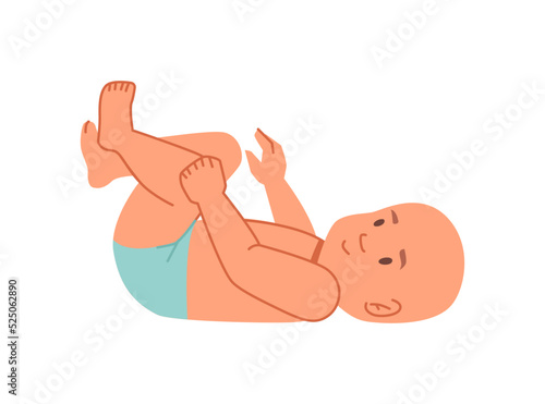 Cute newborn baby laying on its back, raising hands and legs up. Isolated kid, childcare and growth upbringing of children. Vector in flat style, flat cartoon character