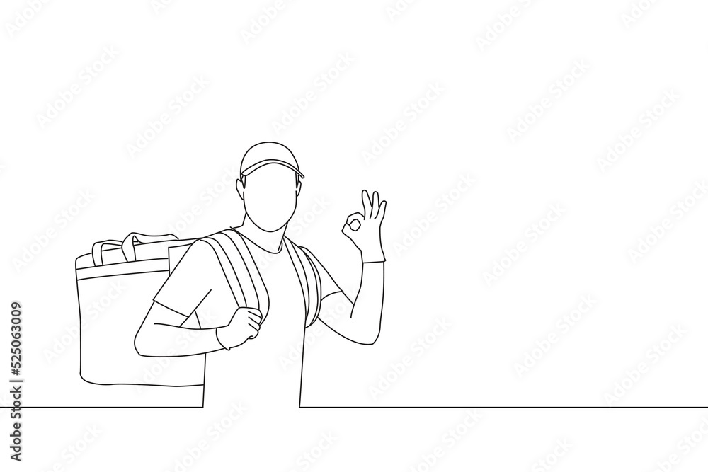 Drawing of mailman wear carrying bag order showing ok sign. Line art style