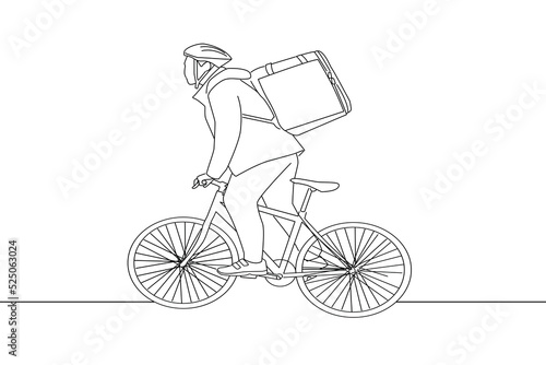 Drawing of courier company employee sending logistic with bicycle. Oneline art drawing style