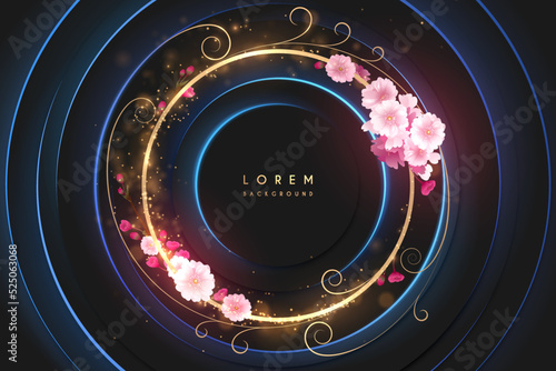 Abstract blue and gold circle background with flowers