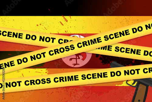 Uganda armed attack vector banner, shooting news concept, armed assault with gun and blood stain on flag