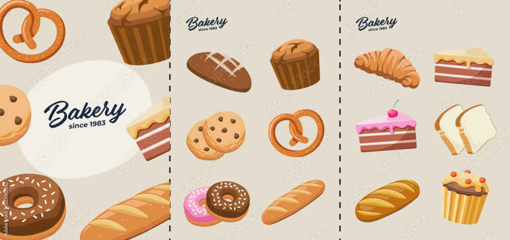 Bakery menu vector 3 page template with baked goods illustrations. Cake, cookie, bread, muffin, pretzel, donut. Cafe pastry menu with bakery logo. Bakery menu vector 3 page template with baked goods illustrations. Cake, cookie, bread, muffin, pretzel, donut. Cafe pastry menu with bakery logo.