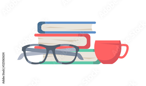 Books or textbook pile, isolated publications with glasses and cup of coffee or tea beverages. Learning or education, reading hobby. Vector in flat style