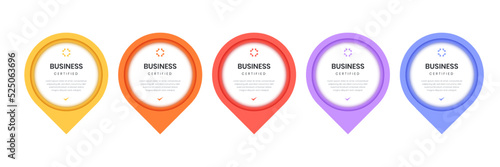 Badge Certified with modern location shape. Business certification company icon point design. Business infographic with 5 options or steps.