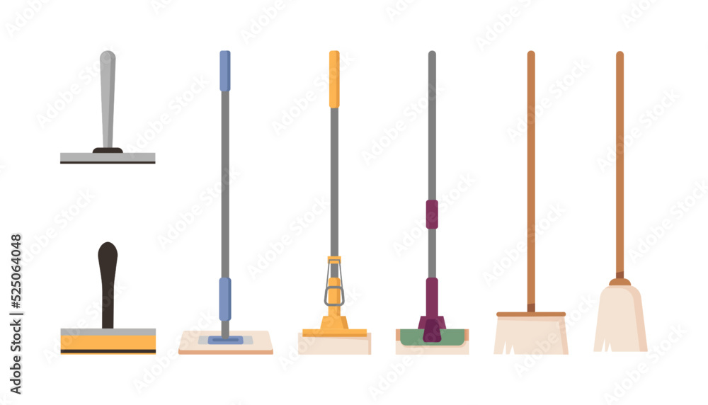 Mops and brushes variety and types. Isolated cleaning equipment for