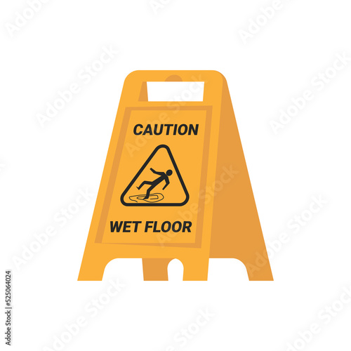 Slippery and wet floor sign, isolated caution for visitors or customers. Symbol on plastic table, cleaning and tidying up space. Vector in flat style illustration