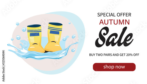 Sale banner with yellow gumboots for concept design. 