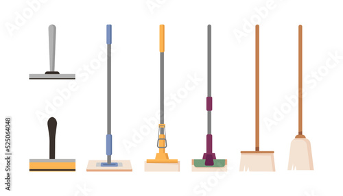 Mops and brushes variety and types. Isolated cleaning equipment for home or office. Hand scrubs and swabber for tidying up floor and surface. Vector in flat style