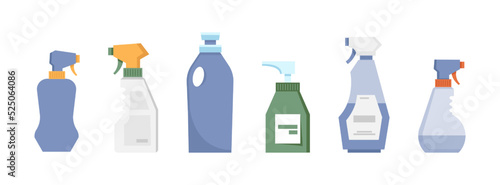 Detergents and lotions in bottle, isolated equipment for cleaning up and tidying space. Chemicals and ecological sprays for surfaces. Vector in flat style
