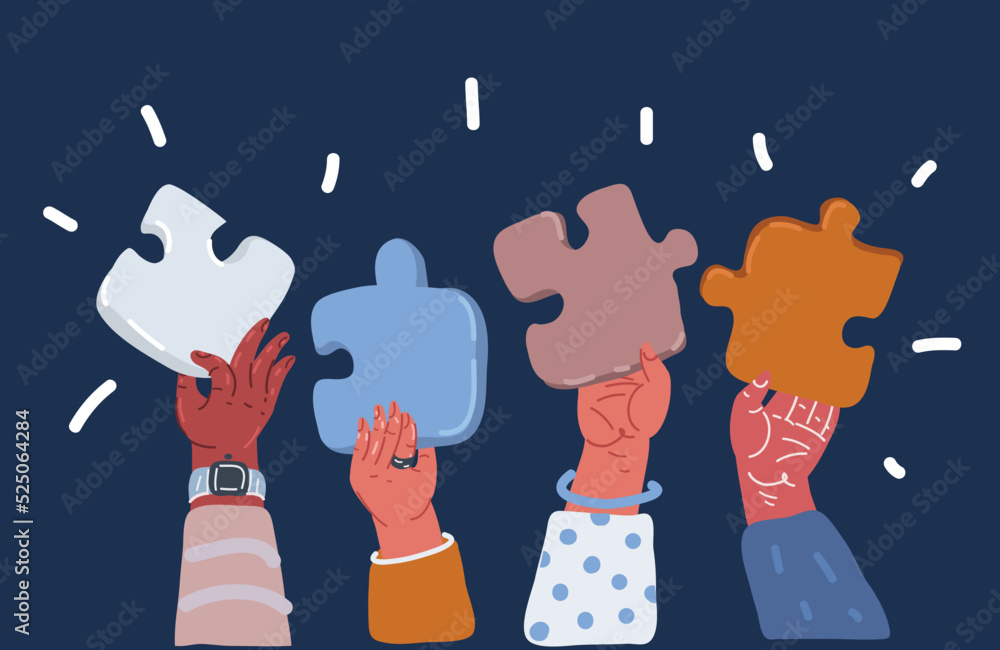 progress development concept characters hold hands... Cartoon vector illustration of hands holdidings matching puzzle pieces ...