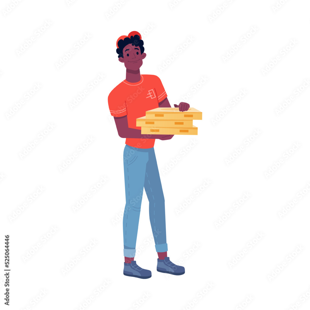 Courier with tasty pizza or street food, orders from shops or stores. Isolated man with packages, smiling boy delivery man with boxes. Vector in flat style, flat cartoon character Courier with tasty pizza or street food, orders from shops or stores. Isolated man with packages, smiling boy delivery man with boxes. Vector in flat style, flat cartoon character