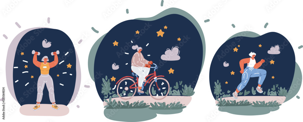 Cartoon vector illustration of Sporty woman runner sporty women in sportswear with dumbbells and running and ride bike. Sport and recreation concept. Cartoon vector illustration of Sporty woman runner sporty women in sportswear with dumbbells and running and ride bike. Sport and recreation concept.