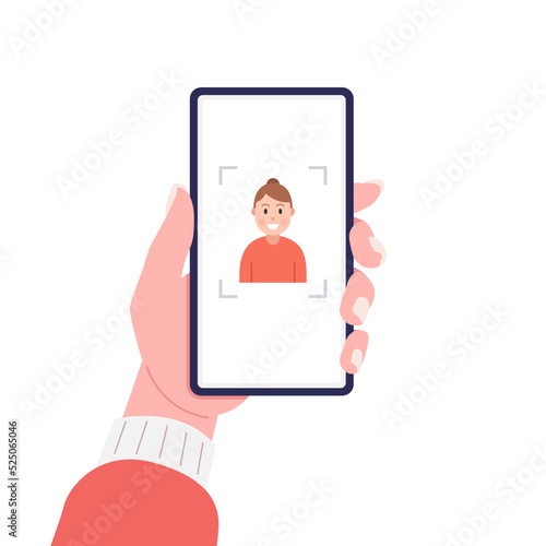 Hand holding mobile smart phone with face recognition app. Face id with female face. Vector illustration.