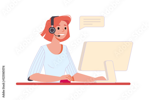 Fototapeta Naklejka Na Ścianę i Meble -  Delivery service, woman in headset check order from computer display. Freelance woman seller checking products before selling, online shopping. Custom care service support, help, call center