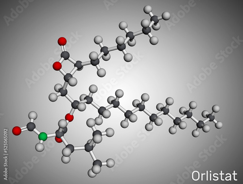 Orlistat molecule. It is lipase inhibitor used in the treatment of obesity. Molecular model. 3D rendering photo
