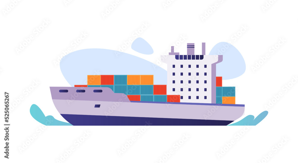 Industrial sea cargo logistics, ship with import or export containers. International water delivery transportation, shipping of freight cargo by water, flat cartoon vector