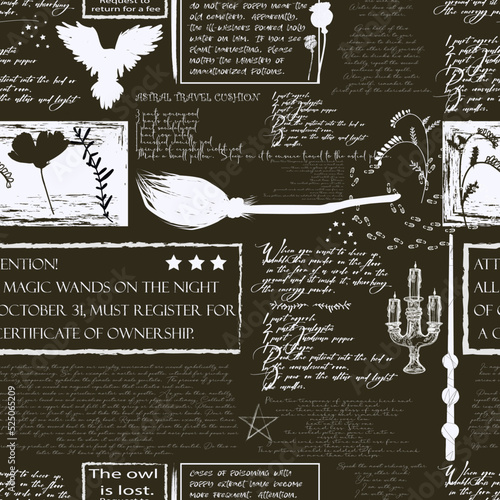 Seamless pattern old newspaper, digital paper vintage newspaper. Halloween. A recipe for a magic potion