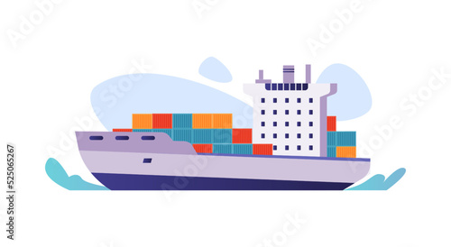 Industrial sea cargo logistics, ship with import or export containers. International water delivery transportation, shipping of freight cargo by water, flat cartoon vector