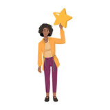 Feedback concept, woman holding star in hand isolated flat cartoon character. Vector customer rating, client review, comment on opinion, result or experience, rate