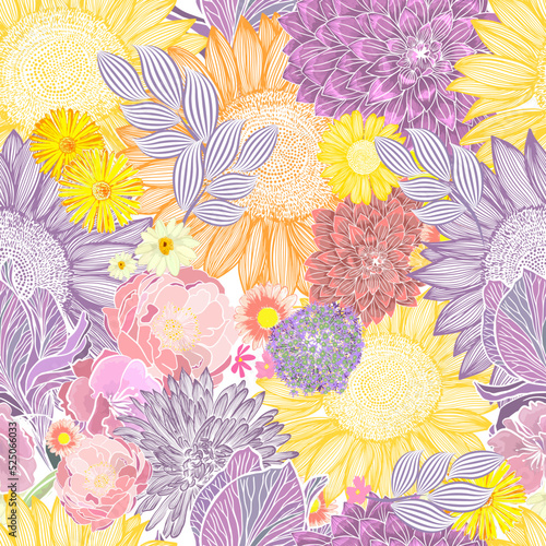 Seamless floral background. Vector illustration. Modern floral background. Trendy Folk style.