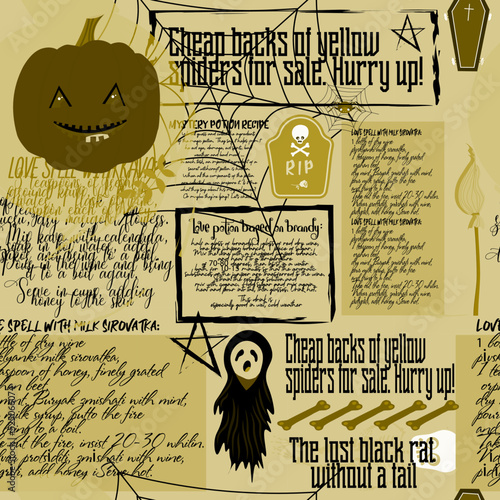 Seamless pattern old newspaper, digital paper vintage newspaper. Halloween. A recipe for a magic potion