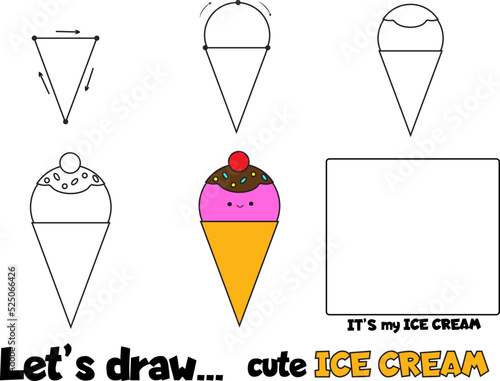 Drawing tutorial for children. Printable creative activity for kids. How to draw ice cream step by step © ksuklein