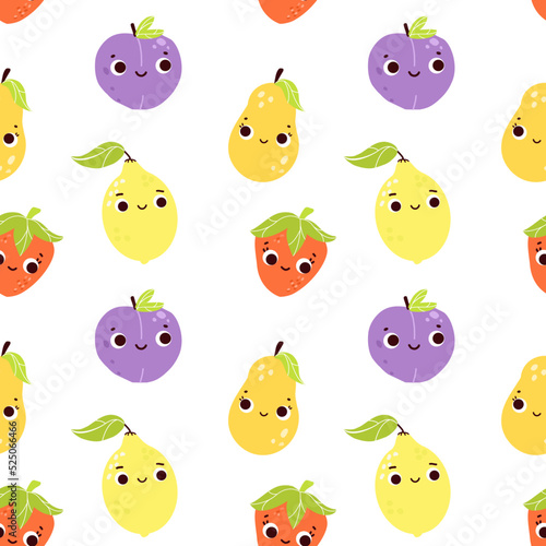 Seamless pattern with funny fruits and berries. cartoon characters of lemon, strawberry, plum and pear on white