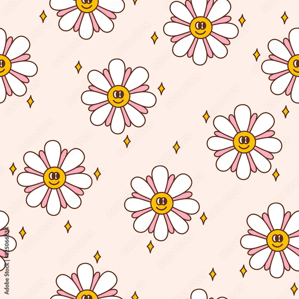 Retro seamless pattern with groovy happy daisies and stars. Background in a warm color palette. Textile design in vintage style 60s 70s. Vector illustration. Retro seamless pattern with groovy happy daisies and stars. Background in a warm color palette. Textile design in vintage style 60s 70s. Vector illustration.