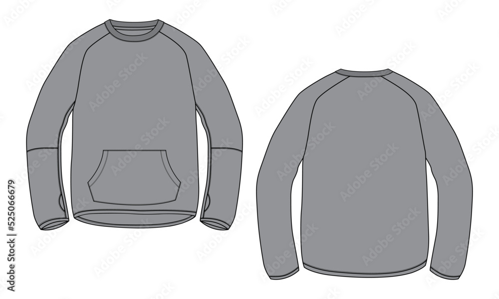 Long sleeve sweatshirt technical fashion flat sketch vector illustration Grey Color template front and back views. Cotton fleece jersey Winter clothing design mock up cad Long sleeve sweatshirt technical fashion flat sketch vector illustration Grey Color template front and back views. Cotton fleece jersey Winter clothing design mock up cad