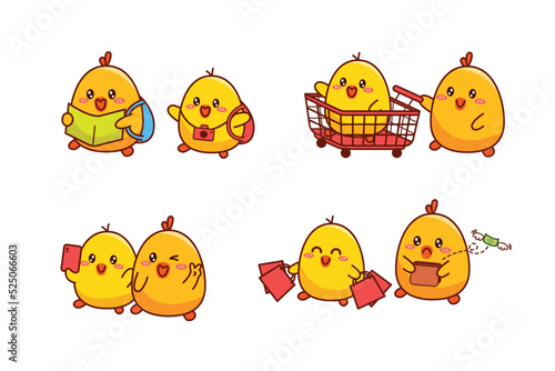 Set of cute couple little duck or little chick for social media sticker emoji traveling shopping selfie no money emoticon