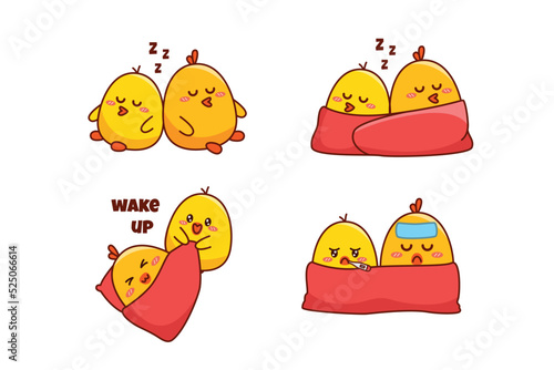 Set of cute couple little duck or little chick for social media sticker emoji sleep sick and wake up emoticon