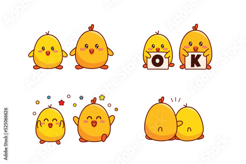 Set of cute couple little duck or little chick for social media sticker emoji say OK happy and hug emoticon