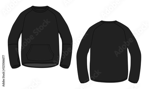 Long sleeve sweatshirt technical fashion flat sketch vector illustration Black Color template front and back views. Cotton fleece jersey Winter clothing design mock up cad