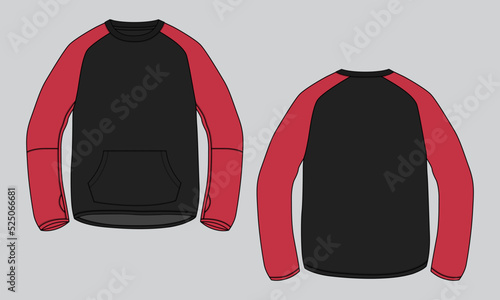 Two tone Color Long sleeve sweatshirt technical fashion flat sketch vector illustration template front and back views. Cotton fleece jersey Winter clothing design mock up cad