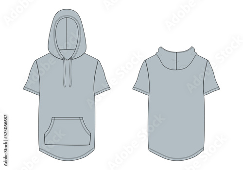 Hoodie technical fashion flat sketch Vector illustration Grey  color template front and back views.