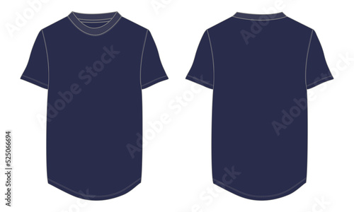 Short Sleeve t shirt technical fashion flat sketch vector illustration Navy Color template front and back views. Apparel design mock up card easy edit and customizable