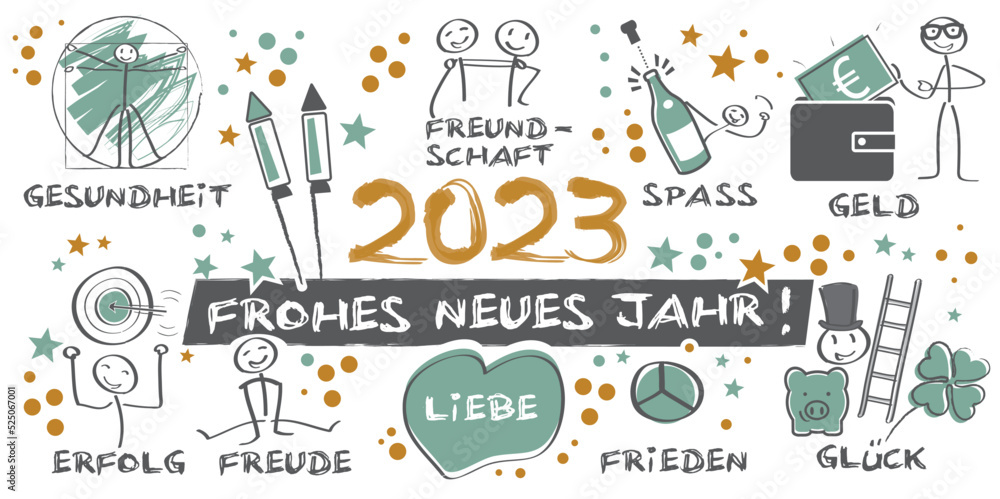 2023 Frohes neues Jahr illustrierte Grußkarte mit Symbolen mit deutschem Text 2023 Frohes neues Jahr illustrierte Grußkarte mit Symbolen mit deutschem Text