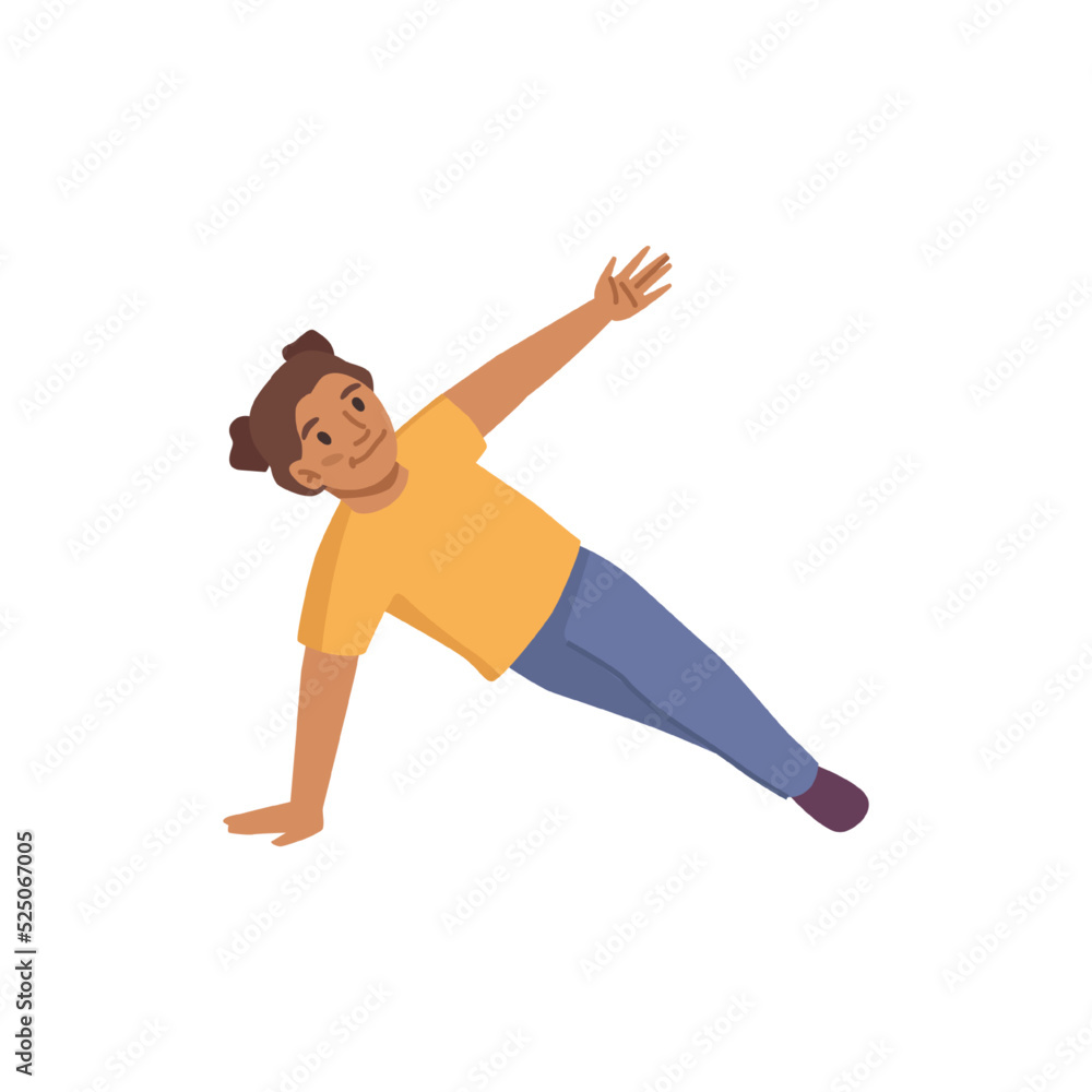 Little girl doing sport exercises workout, plank on one hand. Vector sportive daughter, small girl isolated flat cartoon character stretching, aerobics or pilates exercises Little girl doing sport exercises workout, plank on one hand. Vector sportive daughter, small girl isolated flat cartoon character stretching, aerobics or pilates exercises