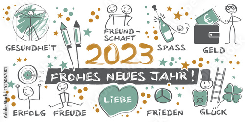 2023 Frohes neues Jahr illustrierte Grußkarte mit Symbolen mit deutschem Text