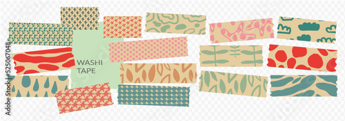 Kraft washi tape rip with nature pattern. Scotch or sellotape for scrapbooking. Craft sticker textured vector design element. Collage banner illustration. Kawaii scrap ribbon diy, patchwork template