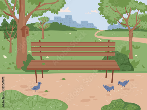 Landscape park, pigeon birds, green trees and grass scenery, bench and pathway background. Vector ecology clean nature, bushes and blue sky. Summertime forest panorama, lawn