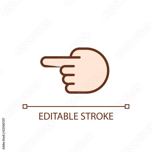 Hand pointing aside pixel perfect RGB color icon. Index finger showing direction. Hand gesture. Isolated vector illustration. Simple filled line drawing. Editable stroke. Arial font used
