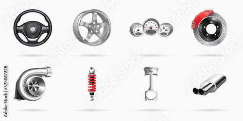 Vector illustration, car parts icons set, realistic 3d