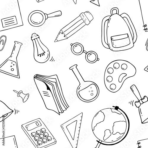 Vector school icons seamless pattern. Back to school, education, study. Doodle icons.