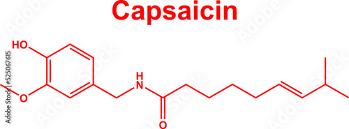 Capsaicin molecule hot chili peppers spice component. Red capsaicin chemical formula photo