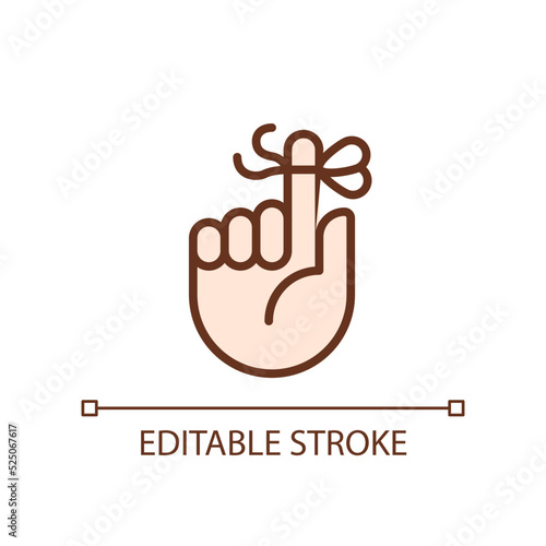 Knot on finger for memory pixel perfect RGB color icon. Rope tied around pointer. Hand gesture. Isolated vector illustration. Simple filled line drawing. Editable stroke. Arial font used