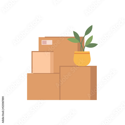 Packed cardboard boxes with personal stuff, plants, home decoration and furniture isolated flat cartoon of pack with things. Vector relocation or moving in home or office, belongings in packages